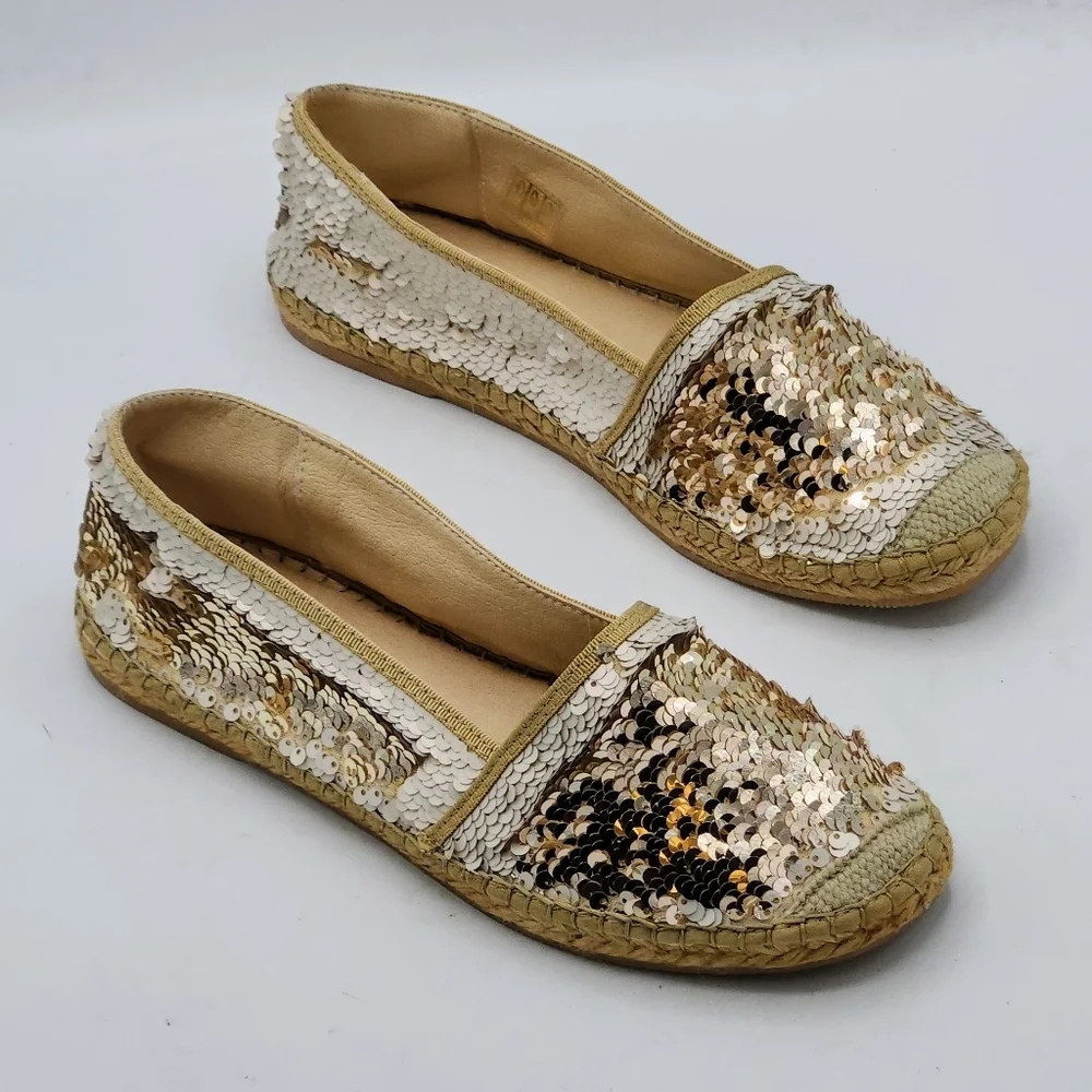 ANDREW STEVENS Chiara Leather Sequins Espadrilles Flats Gold And Cream 37 / 6.5